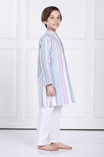 Buy_The Pony & Peony Co._Blue Cotton Ekam Striped Print Kurta And Pant Set _Online_at_Aza_Fashions