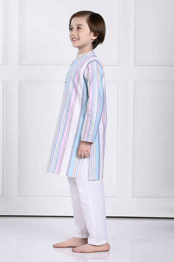 The Pony & Peony Co._Blue Cotton Ekam Striped Print Kurta And Pant Set _at_Aza_Fashions