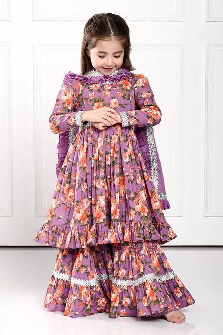 The Pony & Peony Co._Purple Cotton Lace, Embroidery Floral Print Anarkali Sharara Set _Online_at_Aza_Fashions