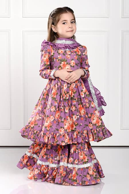 Buy_The Pony & Peony Co._Purple Cotton Lace, Embroidery Floral Print Anarkali Sharara Set _Online_at_Aza_Fashions