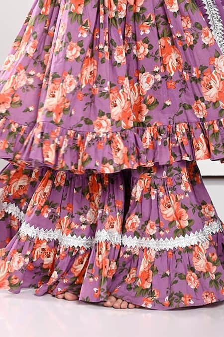 Shop_The Pony & Peony Co._Purple Cotton Lace, Embroidery Floral Print Anarkali Sharara Set _Online_at_Aza_Fashions
