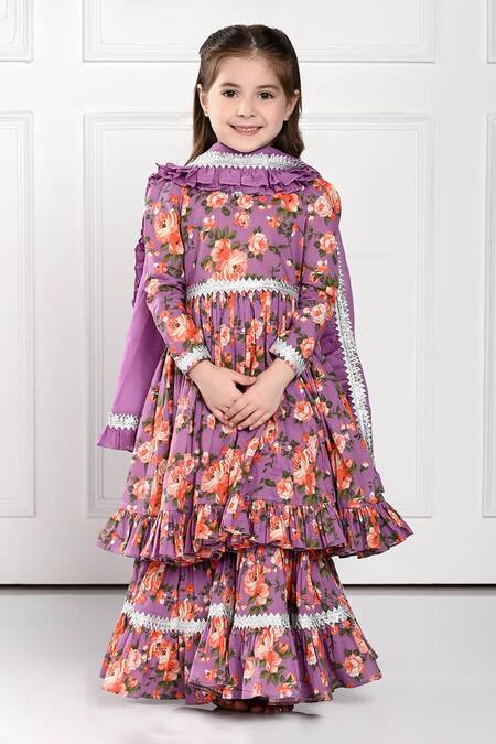 The Pony & Peony Co._Purple Cotton Lace, Embroidery Floral Print Anarkali Sharara Set _at_Aza_Fashions