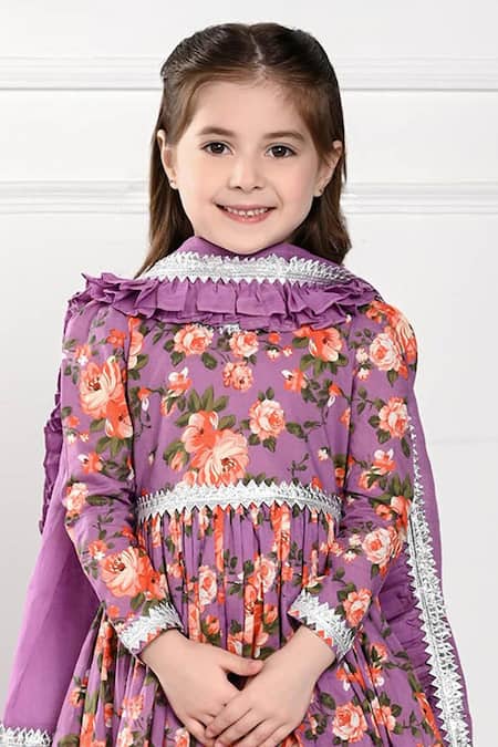 Buy_The Pony & Peony Co._Purple Cotton Lace, Embroidery Floral Print Anarkali Sharara Set 