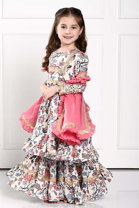 Buy_The Pony & Peony Co._White Cotton Gota Patti, Embroidery Alaia Floral Anarkali Kurta Sharara Set _Online_at_Aza_Fashions