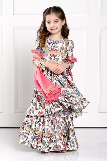 Shop_The Pony & Peony Co._White Cotton Gota Patti, Embroidery Alaia Floral Anarkali Kurta Sharara Set _Online_at_Aza_Fashions