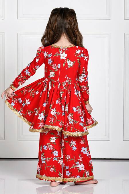 Shop The Pony & Peony Co. Red Cotton Gota Patti Flower Vine Print Anarkali Pant Set at Aza Fashions Shop_The Pony & Peony Co._Red Cotton Gota Patti Flower Vine Print Anarkali Pant Set_at_Aza_Fashions