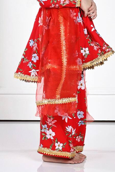 The Pony & Peony Co. Red Cotton Gota Patti Flower Vine Print Anarkali Pant Set Online at Aza Fashions The Pony & Peony Co._Red Cotton Gota Patti Flower Vine Print Anarkali Pant Set_Online_at_Aza_Fashions