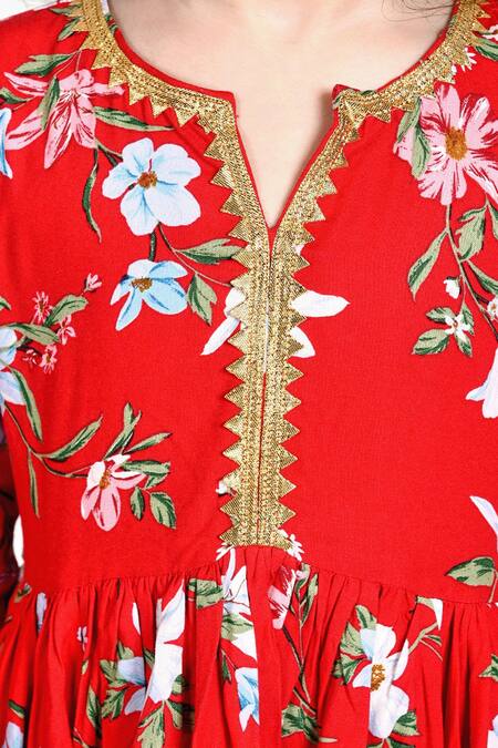 Buy The Pony & Peony Co. Red Cotton Gota Patti Flower Vine Print Anarkali Pant Set Online at Aza Fashions Buy_The Pony & Peony Co._Red Cotton Gota Patti Flower Vine Print Anarkali Pant Set_Online_at_Aza_Fashions