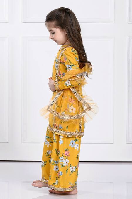 Buy The Pony & Peony Co. Yellow Cotton Embroidery, Gota Patti Flower Vine Print Kurta Pant Set Online at Aza Fashions Buy_The Pony & Peony Co._Yellow Cotton Embroidery, Gota Patti Flower Vine Print Kurta Pant Set _Online_at_Aza_Fashions