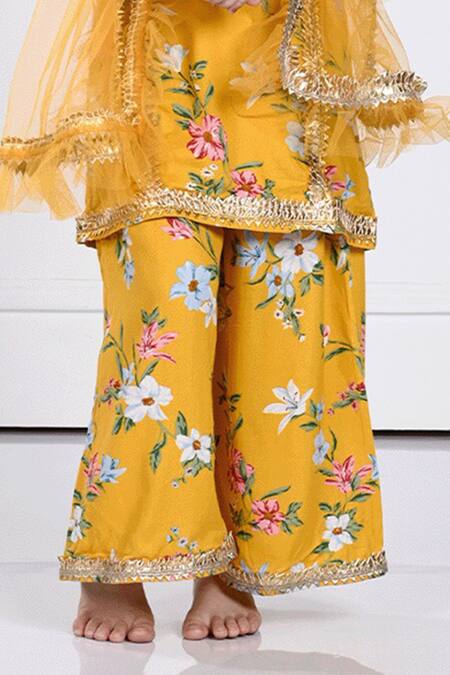 Shop The Pony & Peony Co. Yellow Cotton Embroidery, Gota Patti Flower Vine Print Kurta Pant Set Online at Aza Fashions Shop_The Pony & Peony Co._Yellow Cotton Embroidery, Gota Patti Flower Vine Print Kurta Pant Set _Online_at_Aza_Fashions