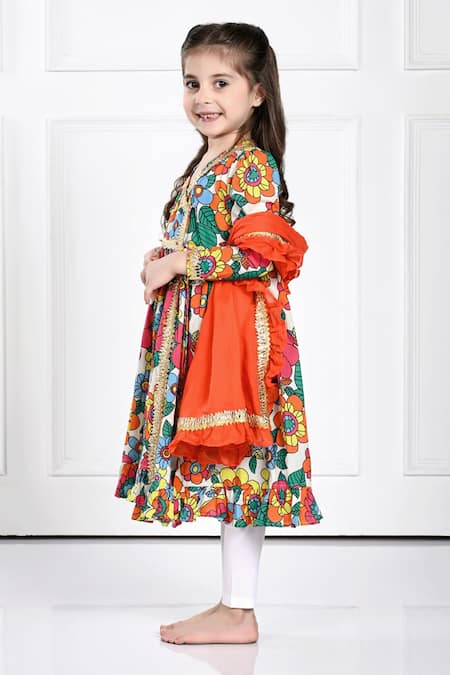 The Pony & Peony Co. Orange Cotton Gota Patti, Embroidery Contrast Floral Print Anarkali Pant Set Online at Aza Fashions The Pony & Peony Co._Orange Cotton Gota Patti, Embroidery Contrast Floral Print Anarkali Pant Set _Online_at_Aza_Fashions