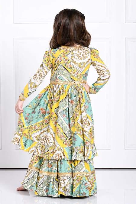 The Pony & Peony Co._Yellow Rayon Gota Patti, Embroidery Aariana Floral Print Anarkali Sharara Set _Online_at_Aza_Fashions
