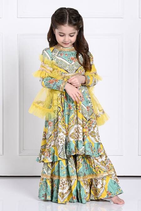 Buy_The Pony & Peony Co._Yellow Rayon Gota Patti, Embroidery Aariana Floral Print Anarkali Sharara Set _Online_at_Aza_Fashions