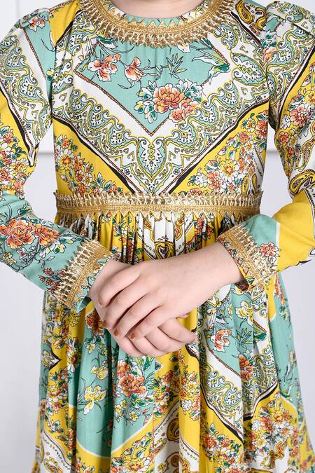 Shop_The Pony & Peony Co._Yellow Rayon Gota Patti, Embroidery Aariana Floral Print Anarkali Sharara Set _Online_at_Aza_Fashions