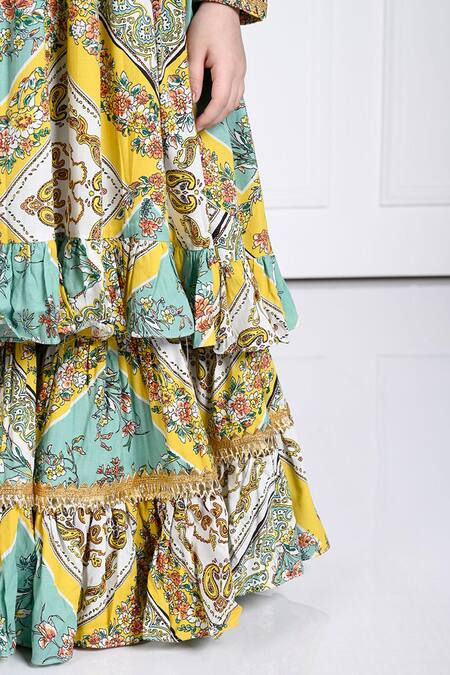 The Pony & Peony Co._Yellow Rayon Gota Patti, Embroidery Aariana Floral Print Anarkali Sharara Set _at_Aza_Fashions