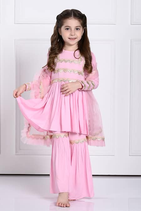 The Pony & Peony Co. Pink Rayon Embellished Gota Ariyah Scallop Anarkali Sharara Set 