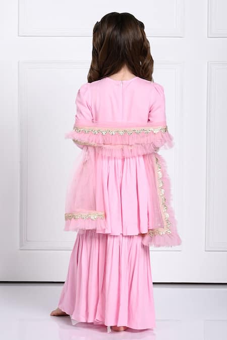 Shop The Pony & Peony Co. Pink Rayon, Chiffon Gota Patti Ariyah Scallop Embellished Anarkali Sharara Set at Aza Fashions Shop_The Pony & Peony Co._Pink Rayon, Chiffon Gota Patti Ariyah Scallop Embellished Anarkali Sharara Set _at_Aza_Fashions