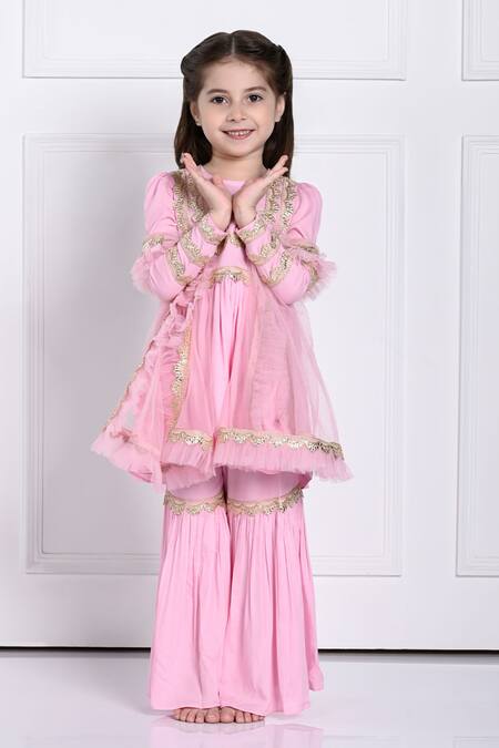 The Pony & Peony Co. Pink Rayon, Chiffon Gota Patti Ariyah Scallop Embellished Anarkali Sharara Set Online at Aza Fashions The Pony & Peony Co._Pink Rayon, Chiffon Gota Patti Ariyah Scallop Embellished Anarkali Sharara Set _Online_at_Aza_Fashions