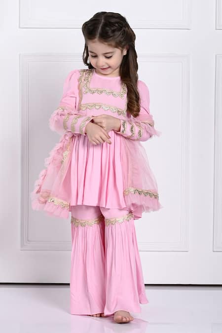 Buy The Pony & Peony Co. Pink Rayon, Chiffon Gota Patti Ariyah Scallop Embellished Anarkali Sharara Set Online at Aza Fashions Buy_The Pony & Peony Co._Pink Rayon, Chiffon Gota Patti Ariyah Scallop Embellished Anarkali Sharara Set _Online_at_Aza_Fashions