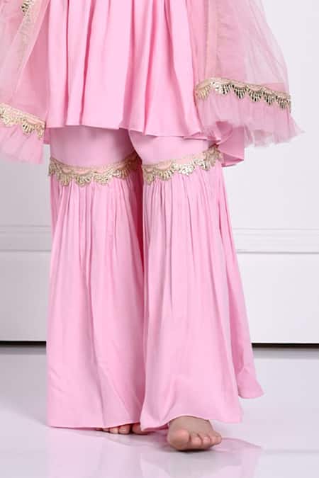 Shop The Pony & Peony Co. Pink Rayon, Chiffon Gota Patti Ariyah Scallop Embellished Anarkali Sharara Set Online at Aza Fashions Shop_The Pony & Peony Co._Pink Rayon, Chiffon Gota Patti Ariyah Scallop Embellished Anarkali Sharara Set _Online_at_Aza_Fashions