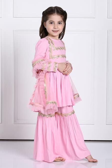 The Pony & Peony Co. Pink Rayon, Chiffon Gota Patti Ariyah Scallop Embellished Anarkali Sharara Set at Aza Fashions The Pony & Peony Co._Pink Rayon, Chiffon Gota Patti Ariyah Scallop Embellished Anarkali Sharara Set _at_Aza_Fashions