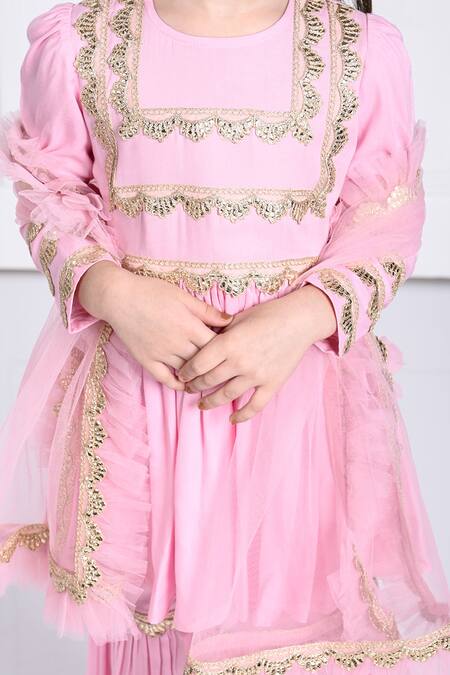 Buy The Pony & Peony Co. Pink Rayon, Chiffon Gota Patti Ariyah Scallop Embellished Anarkali Sharara Set Buy_The Pony & Peony Co._Pink Rayon, Chiffon Gota Patti Ariyah Scallop Embellished Anarkali Sharara Set