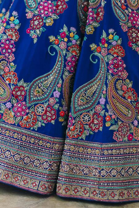 Mrunalini Rao Blue Silk, Organza Zari, Pearls, Embroidery Plunge Neck Paisley Lehenga Set Online at Aza Fashions Mrunalini Rao_Blue Silk, Organza Zari, Pearls, Embroidery Plunge Neck Paisley Lehenga Set _Online_at_Aza_Fashions