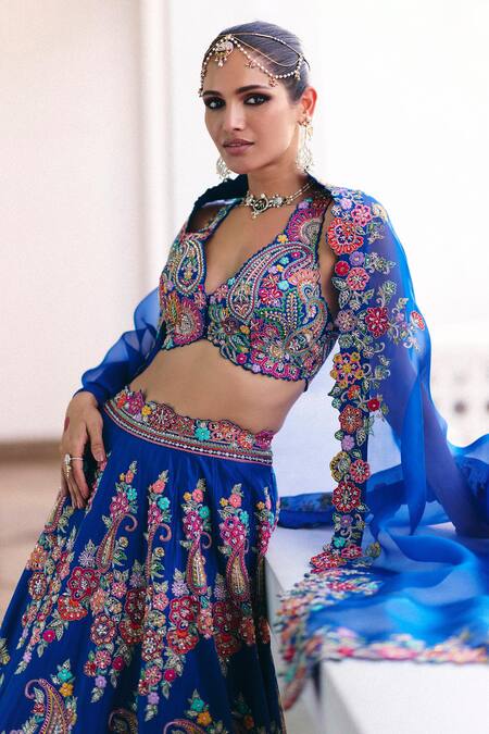 Buy Mrunalini Rao Blue Silk, Organza Zari, Pearls, Embroidery Plunge Neck Paisley Lehenga Set Online at Aza Fashions Buy_Mrunalini Rao_Blue Silk, Organza Zari, Pearls, Embroidery Plunge Neck Paisley Lehenga Set _Online_at_Aza_Fashions