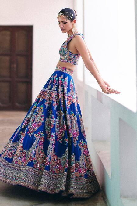 Shop Mrunalini Rao Blue Silk, Organza Zari, Pearls, Embroidery Plunge Neck Paisley Lehenga Set Online at Aza Fashions Shop_Mrunalini Rao_Blue Silk, Organza Zari, Pearls, Embroidery Plunge Neck Paisley Lehenga Set _Online_at_Aza_Fashions