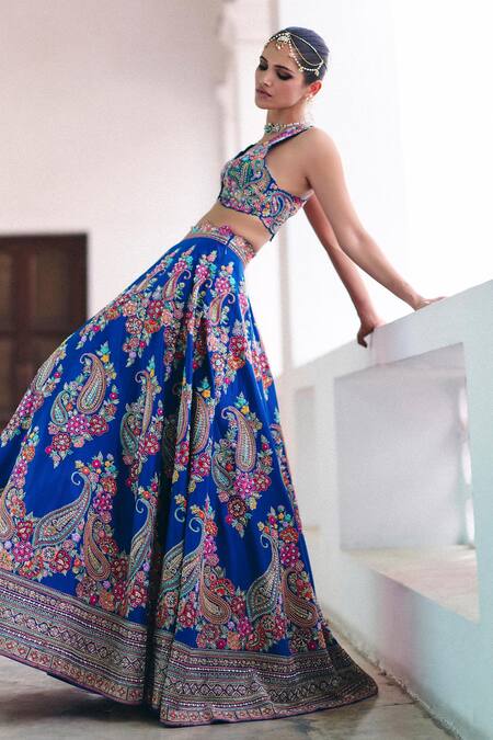 Mrunalini Rao Blue Silk, Organza Zari, Pearls, Embroidery Plunge Neck Paisley Lehenga Set at Aza Fashions Mrunalini Rao_Blue Silk, Organza Zari, Pearls, Embroidery Plunge Neck Paisley Lehenga Set _at_Aza_Fashions