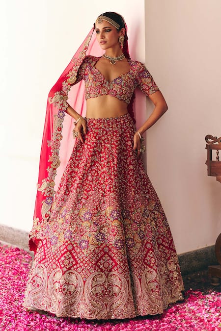 Buy Mrunalini Rao Red Silk, Organza Zari, Pearls, Aeindri Florence Bahar Bridal Lehenga Set Online at Aza Fashions Buy_Mrunalini Rao_Red Silk, Organza Zari, Pearls, Aeindri Florence Bahar Bridal Lehenga Set _Online_at_Aza_Fashions