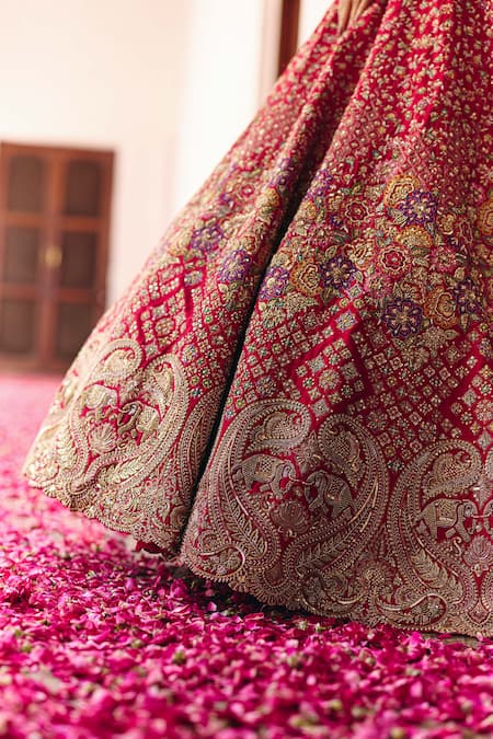 Shop Mrunalini Rao Red Silk, Organza Zari, Pearls, Aeindri Florence Bahar Bridal Lehenga Set Online at Aza Fashions Shop_Mrunalini Rao_Red Silk, Organza Zari, Pearls, Aeindri Florence Bahar Bridal Lehenga Set _Online_at_Aza_Fashions