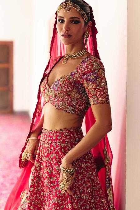 Mrunalini Rao Red Silk, Organza Zari, Pearls, Aeindri Florence Bahar Bridal Lehenga Set at Aza Fashions Mrunalini Rao_Red Silk, Organza Zari, Pearls, Aeindri Florence Bahar Bridal Lehenga Set _at_Aza_Fashions