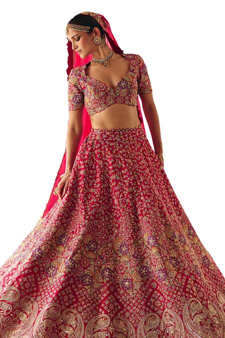 Buy Mrunalini Rao Red Silk, Organza Zari, Pearls, Aeindri Florence Bahar Bridal Lehenga Set Buy_Mrunalini Rao_Red Silk, Organza Zari, Pearls, Aeindri Florence Bahar Bridal Lehenga Set