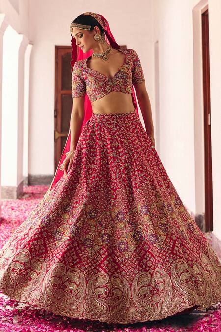 Shop Mrunalini Rao Red Silk, Organza Zari, Pearls, Aeindri Florence Bahar Bridal Lehenga Set Shop_Mrunalini Rao_Red Silk, Organza Zari, Pearls, Aeindri Florence Bahar Bridal Lehenga Set