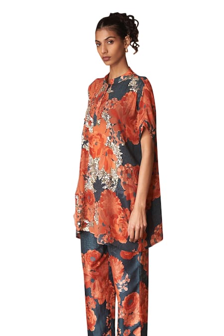 Buy Archana Shah Multi Color Bemberg Crepe Printed Floral Round Top And Pant Set Buy_Archana Shah_Multi Color Bemberg Crepe Printed Floral Round Top And Pant Set