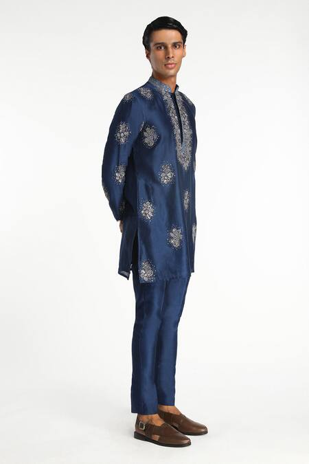 Buy Aisha Rao Blue Silk Sequins Regalia Floral Embellished Kurta With Pant Online at Aza Fashions Buy_Aisha Rao_Blue Silk Sequins Regalia Floral Embellished Kurta With Pant _Online_at_Aza_Fashions