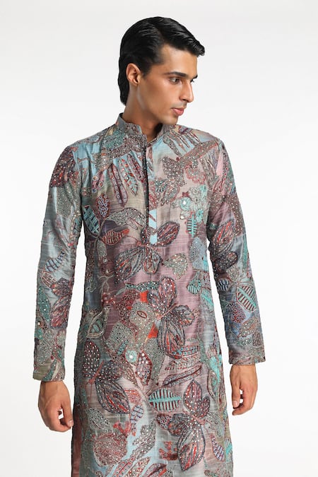 Shop Aisha Rao Orange Silk Sequins Vortex Floral Print Kurta With Pant Online at Aza Fashions Shop_Aisha Rao_Orange Silk Sequins Vortex Floral Print Kurta With Pant _Online_at_Aza_Fashions