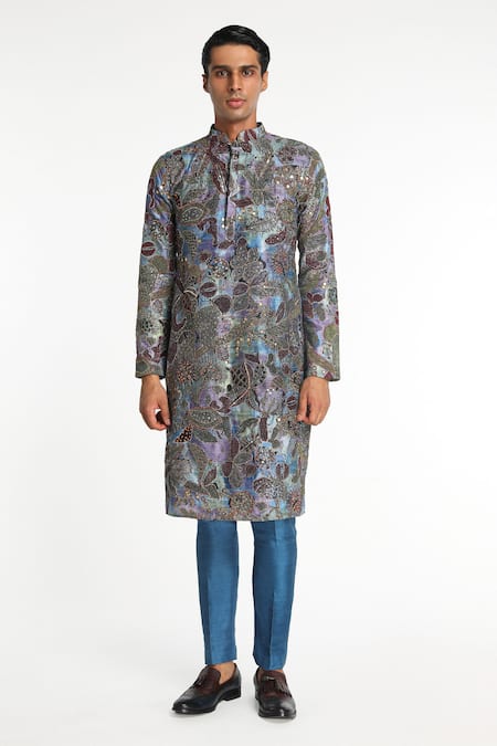 Aisha Rao Blue Silk Embellished Floral Vortex Pattern Kurta With Pant 