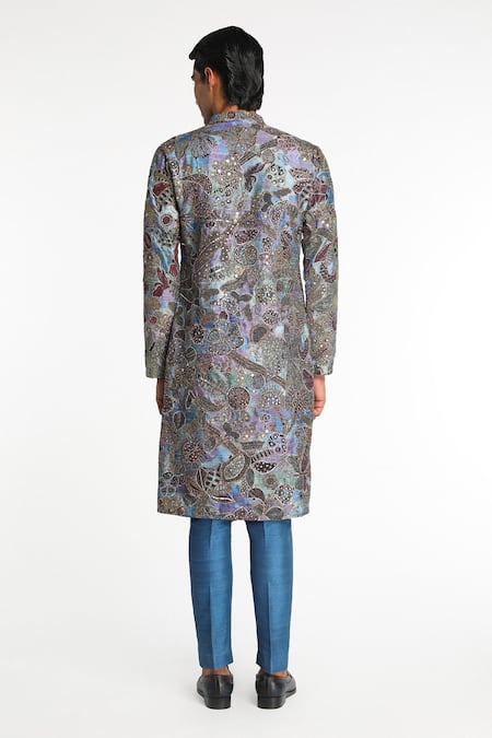 Shop_Aisha Rao_Blue Silk Sequins Vortex Floral Pattern Kurta With Pant _at_Aza_Fashions