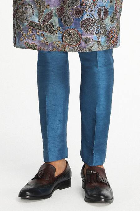 Aisha Rao_Blue Silk Sequins Vortex Floral Pattern Kurta With Pant _Online_at_Aza_Fashions