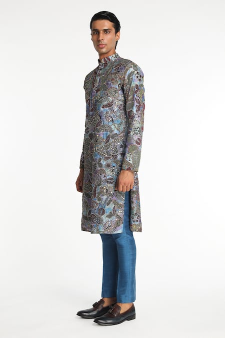 Buy_Aisha Rao_Blue Silk Sequins Vortex Floral Pattern Kurta With Pant _Online_at_Aza_Fashions