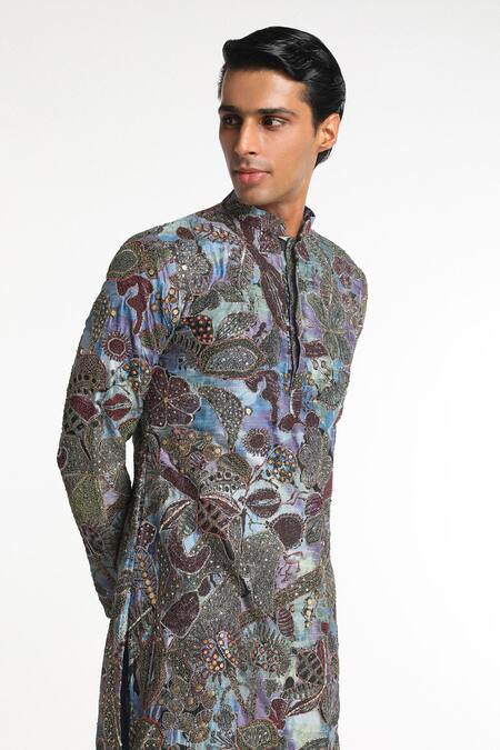 Shop_Aisha Rao_Blue Silk Sequins Vortex Floral Pattern Kurta With Pant _Online_at_Aza_Fashions