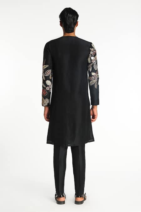 Shop Aisha Rao Black Denim, Silk Embroidery Zenih Floral Applique Detailed Kurta With Pant at Aza Fashions Shop_Aisha Rao_Black Denim, Silk Embroidery Zenih Floral Applique Detailed Kurta With Pant _at_Aza_Fashions