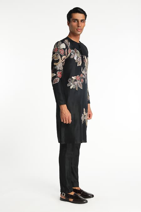 Buy Aisha Rao Black Denim, Silk Embroidery Zenih Floral Applique Detailed Kurta With Pant Online at Aza Fashions Buy_Aisha Rao_Black Denim, Silk Embroidery Zenih Floral Applique Detailed Kurta With Pant _Online_at_Aza_Fashions