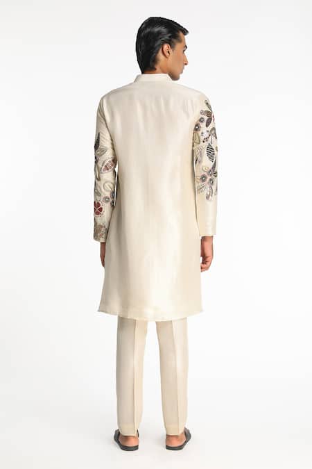 Shop Aisha Rao Ivory Silk Embroidery Zenih Floral Applique Detailed Kurta And Pant Set at Aza Fashions Shop_Aisha Rao_Ivory Silk Embroidery Zenih Floral Applique Detailed Kurta And Pant Set _at_Aza_Fashions