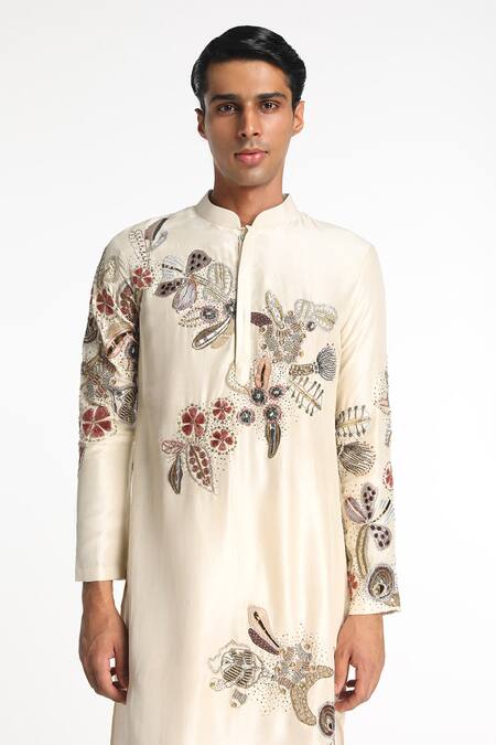 Shop Aisha Rao Ivory Silk Embroidery Zenih Floral Applique Detailed Kurta And Pant Set Online at Aza Fashions Shop_Aisha Rao_Ivory Silk Embroidery Zenih Floral Applique Detailed Kurta And Pant Set _Online_at_Aza_Fashions