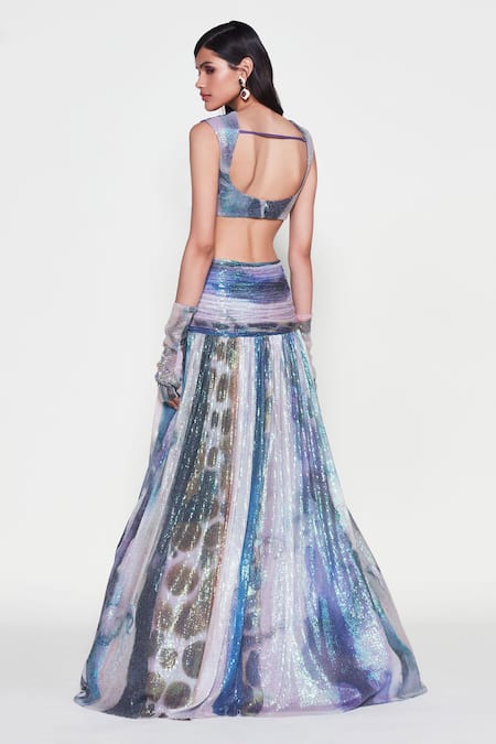 Shop_Aisha Rao_Purple Tulle Sequins Sweetheart Helicona Abstract Print Lehenga With Blouse _at_Aza_Fashions