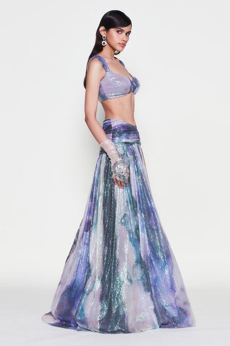 Aisha Rao_Purple Tulle Sequins Sweetheart Helicona Abstract Print Lehenga With Blouse _Online_at_Aza_Fashions
