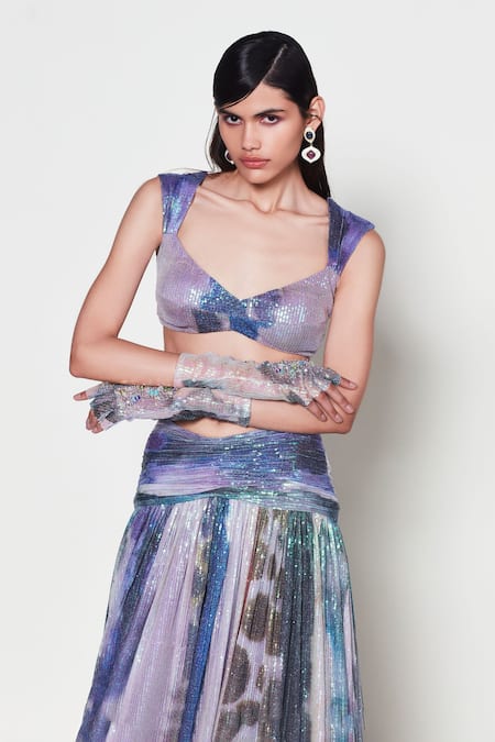 Buy_Aisha Rao_Purple Tulle Sequins Sweetheart Helicona Abstract Print Lehenga With Blouse _Online_at_Aza_Fashions